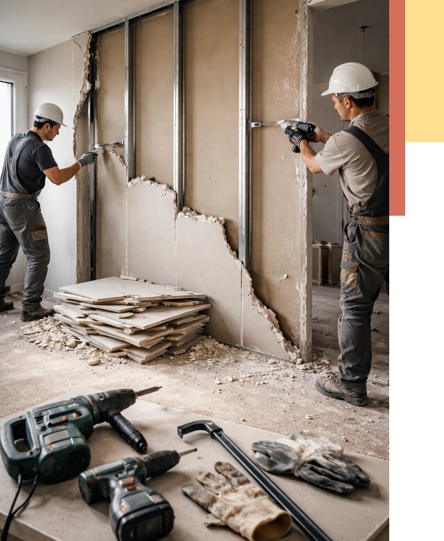 Демонтаж перегородки из гипсокартона в Алексине от 1319 руб. быстро и недорого | ОТДЕЛОЧНИК-Лкс