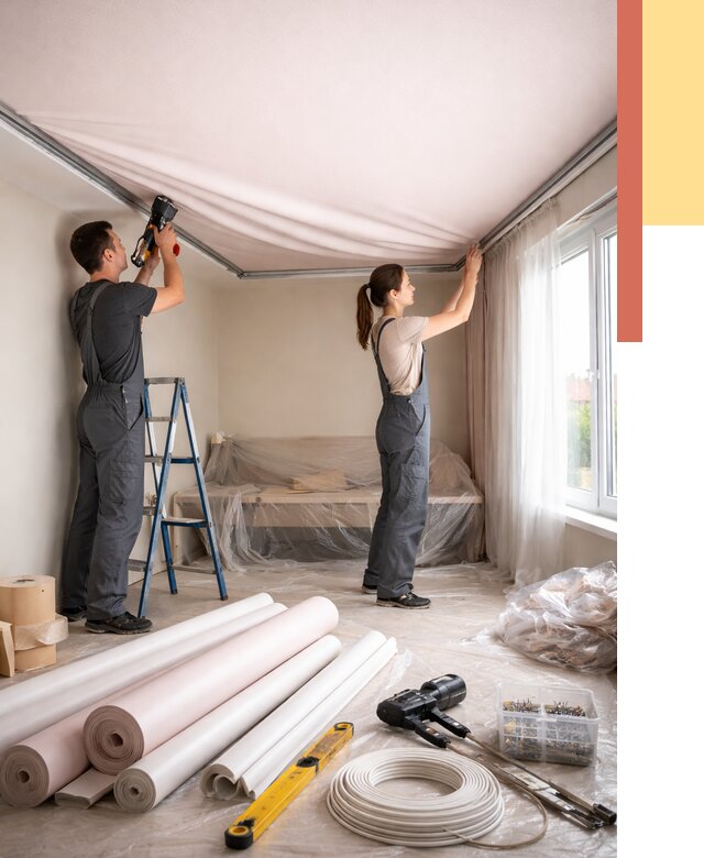 Монтаж цветного натяжного потолка в Алексине от 4615 руб/м² — быстро и недорого | ОТДЕЛОЧНИК-Лкс