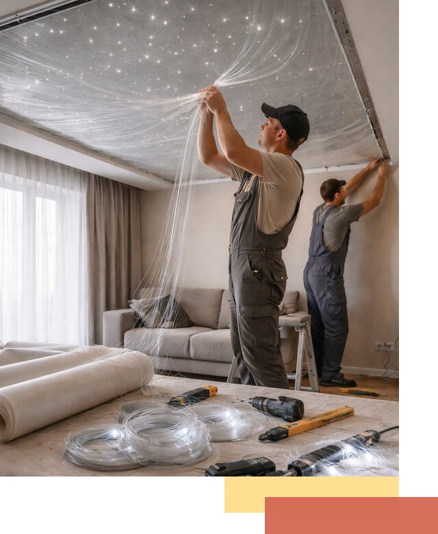 Монтаж натяжного потолка «Звездное небо» в Алексине