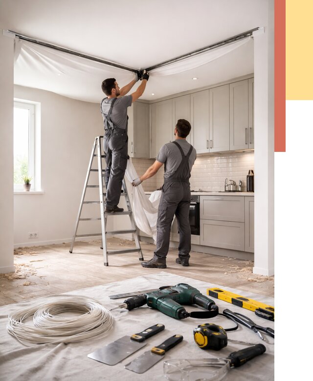 Установка натяжного потолка на кухне в Алексине от 2637 руб. | ОТДЕЛОЧНИК-Лкс