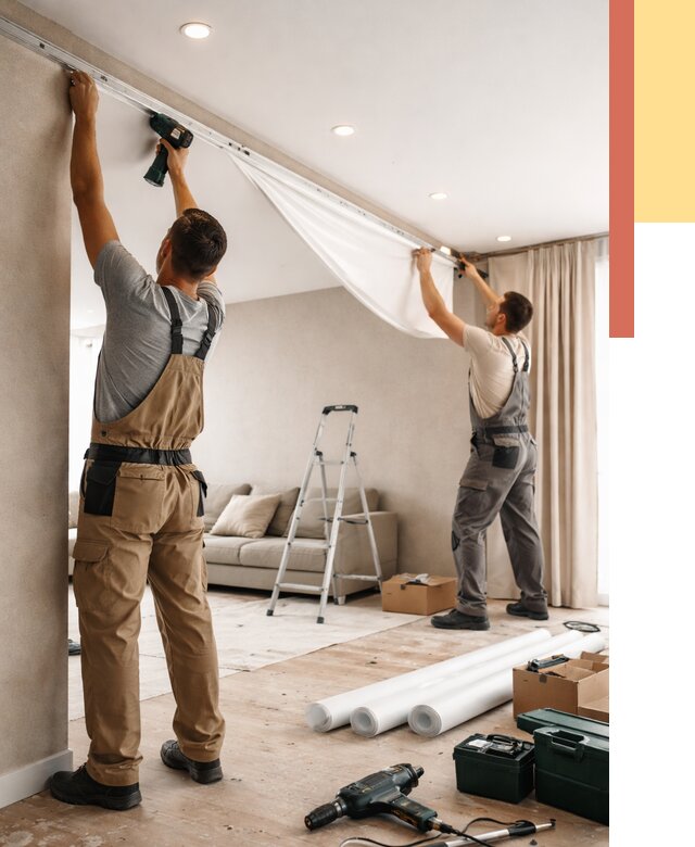 Монтаж натяжного потолка в гостиной в Алексине от 604 руб. | ОТДЕЛОЧНИК-Лкс