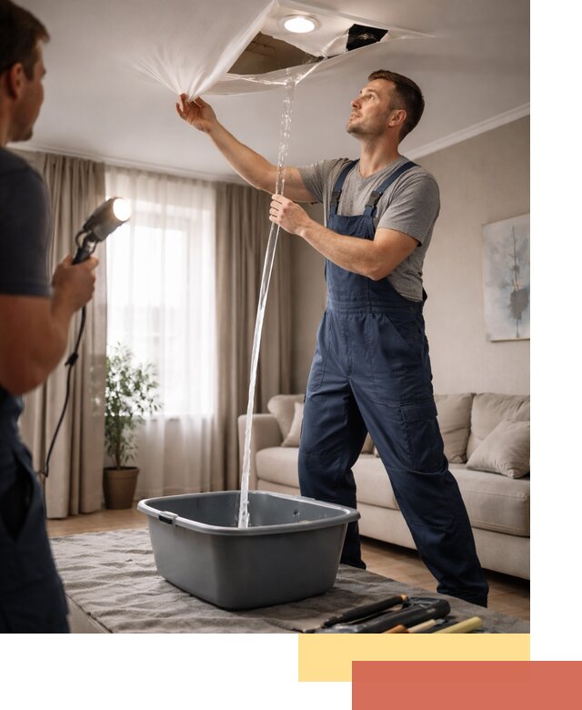 Слив воды с натяжного потолка в Алексине быстро и аккуратно