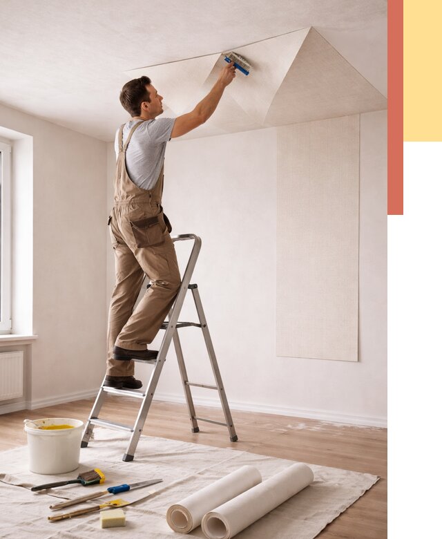 Поклейка обоев на потолок в Алексине от 4945 руб. быстро и недорого | ОТДЕЛОЧНИК-Лкс